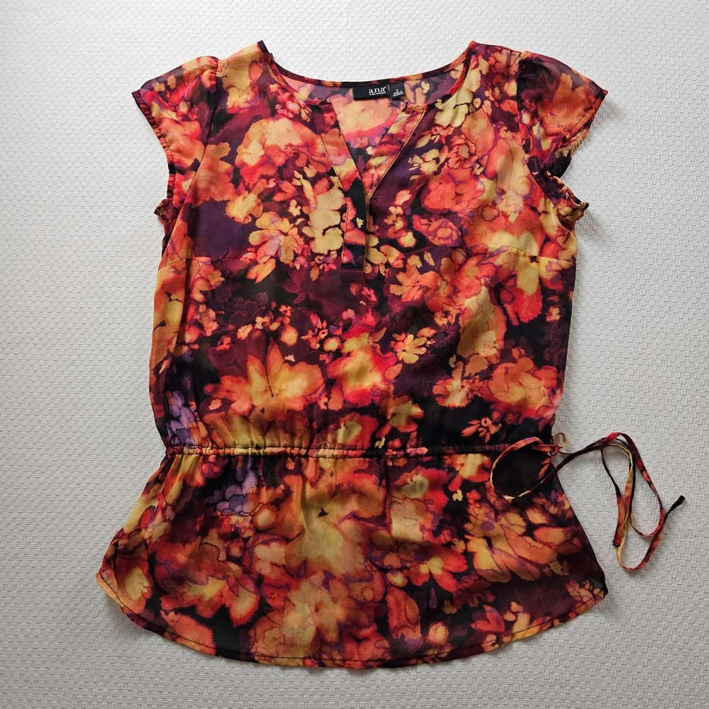 Women Small Peplum Blouse Sheer Maximalist Art to Wear Orange Red Cap Sleeve Top